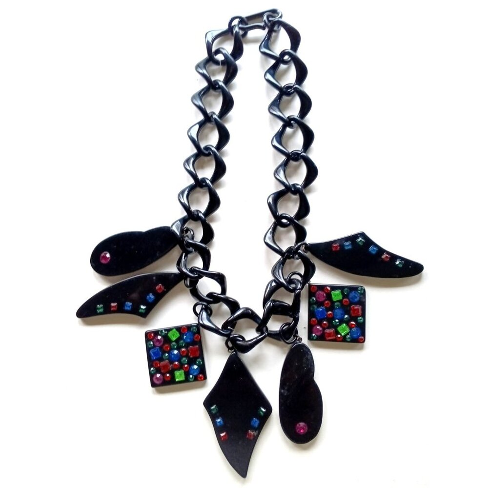 Black Chunky Chain Necklace With Multicolored Mosaic Charms & Rhinestone Accents